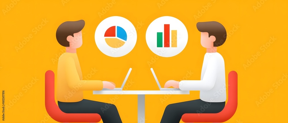 Poster two people sitting across a table, using laptops with business charts displayed above them, illustra