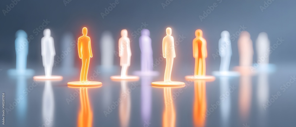 Poster abstract image of glowing human figures standing isolated in a row, with some highlighted in orange 