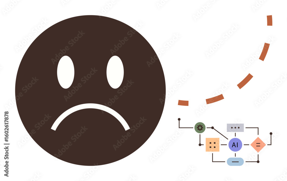 Poster brown sad face and fragmented ai diagram with connections and nodes, emphasizing breakdown, dysfunct