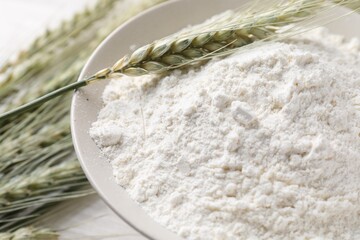 Green wheat spikes and flour on table, closeup