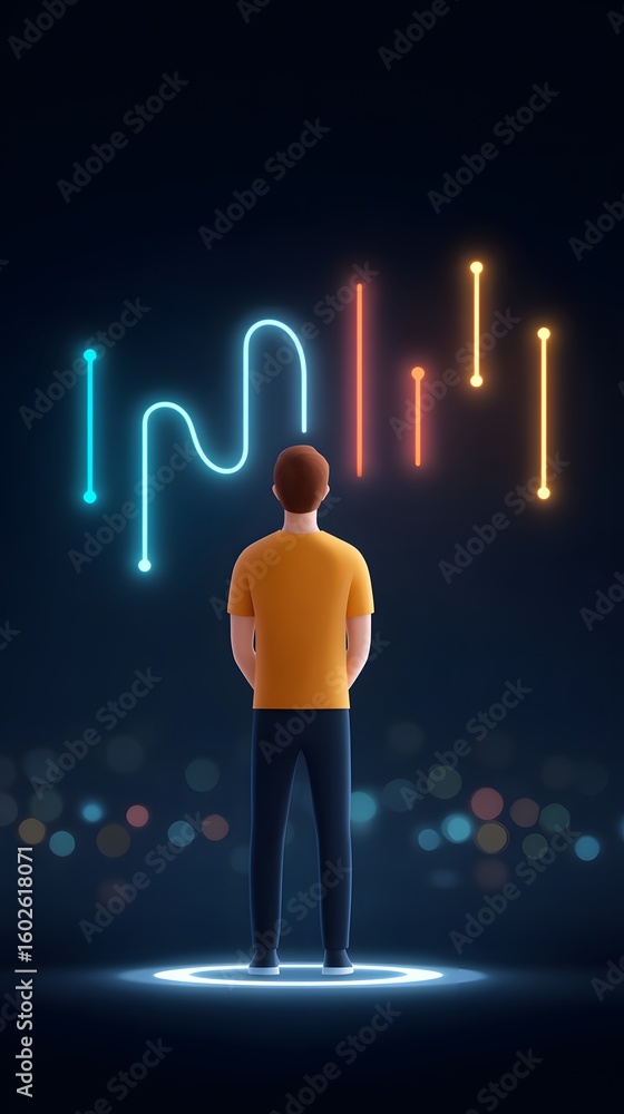 Poster a man stands surrounded by glowing neon lines and dots, symbolizing connection or data flow in a dar