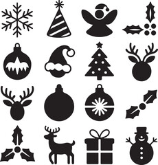 Set of Christmas icons including tree, gift box, snowman, star and bell vector illustration. Christmas silhouette vector set. Christmas icon set