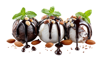 Three different flavors of ice cream with decorations chocolate drizzle and nuts isolated on a transparent background