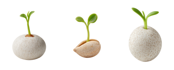 Seedlings sprout from almond and round seeds. Germination, growth cycle, life, agriculture, botany, cultivation, springtime, new beginnings, fresh, organic, sustainable