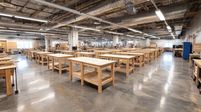 Empty workshop with many light-colored workbenches