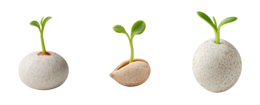 Seedlings sprout from almond and round seeds. Germination, growth cycle, life, agriculture, botany, cultivation, springtime, new beginnings, fresh, organic, sustainable