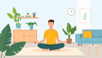 Faceless man in a yellow t-shirt and green pants meditating in a lotus pose.