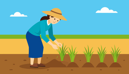 Smiling female farmer in a straw hat and blue clothes planting green seedlings.