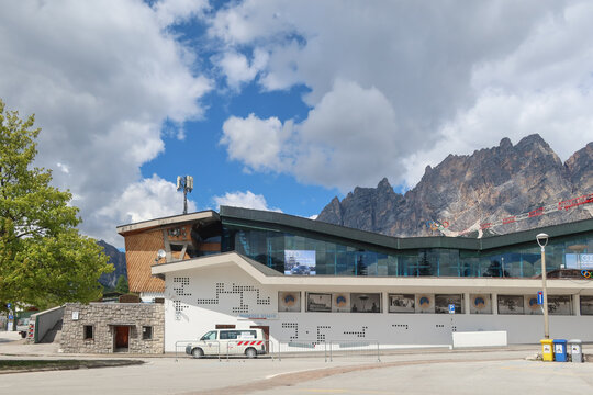 Olympic Ice Stadium (Stadio Olimpico del Ghiaccio) and Bus Station in Cortina d'Ampezzo, Italy. May 13, 2025