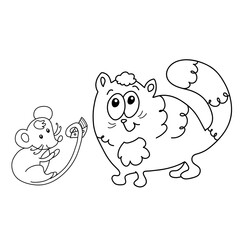 funny friendship, fat cute cat and funny mouse with piece of cheese, black outline