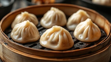 High-Definition Steamed Pork Xiaolongbao in Bamboo Steamer - Chinese Dim Sum Breakfast Food Photography​