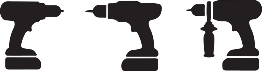 Electric power drill machine isolated on white background. Hand drill tool silhouette vector Illustration. Drill icon set