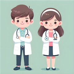 Cute Cartoon Boy and Girl in Doctor Uniform