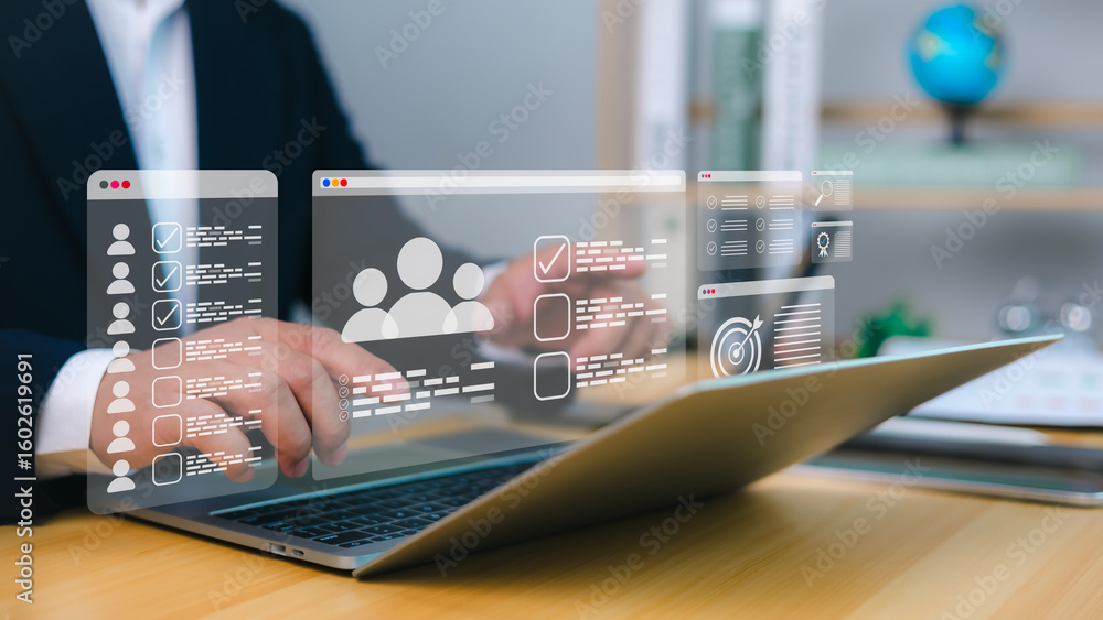 Poster recruiting and hr management enhanced via digital workflow on laptop with holographic checklists, us
