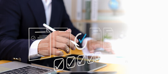 Permit approval digital concept with document icon, checkmark, and modern interface. Businessman in suit using digital pen for online approval application, compliance, and workflow management scenes.