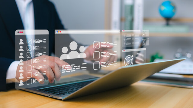 Recruiting and HR management enhanced via digital workflow on laptop with holographic checklists, user profiles, and target icons for CRM and task automation.