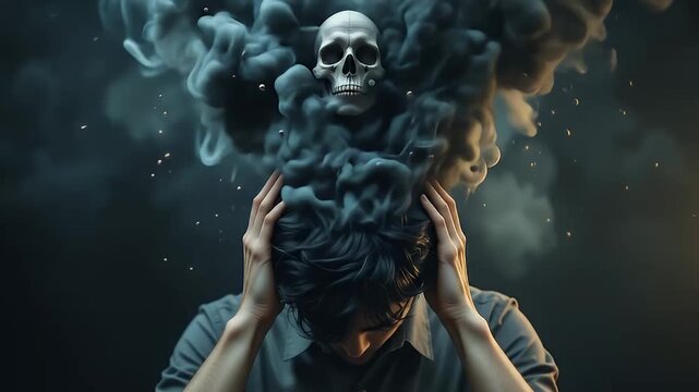 Man Holding Head with Skull and Smoke Emanating