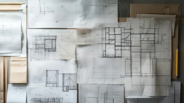 Architectural blueprint sketch drawing design plan on translucent paper with pencil technical measurement details showing creative workspace and detailed building layout drafting project concept