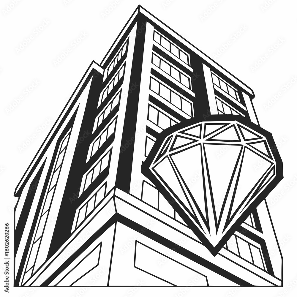 Fototapete diamond building: an artistic grayscale architectural rendering showcases a modern building facade, 