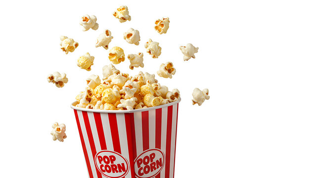 popcorn and movie tickets, bucket of popcorn, Popcorn flying out of green white striped paper box isolated on white, transparent background, PNG, with copy space. Splash, levitation of popcorn grains