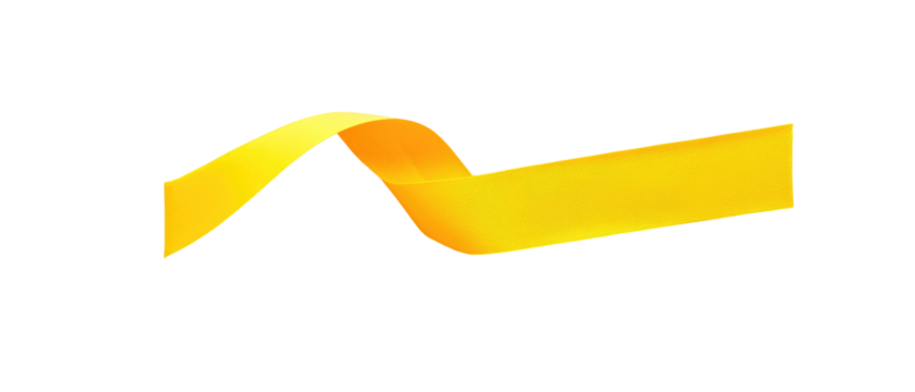A bright yellow, ribbon-like shape with a curved, flowing design