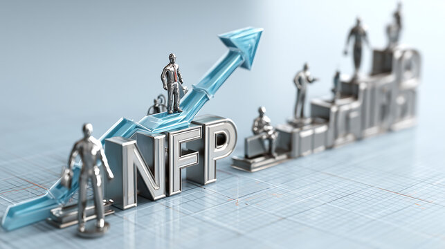 Silver figures climbing nfp letters with a blue arrow showing growth and upward progression concept