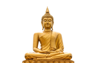 Serene golden Buddha figure meditating, sitting cross-legged with peaceful expression and traditional styling, isolated on a transparent background