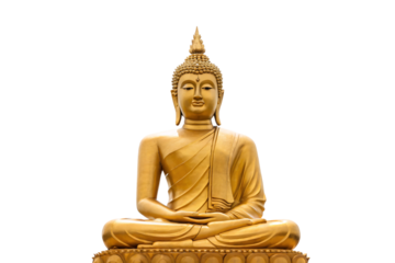 Serene golden Buddha figure meditating, sitting cross-legged with peaceful expression and traditional styling, isolated on a transparent background