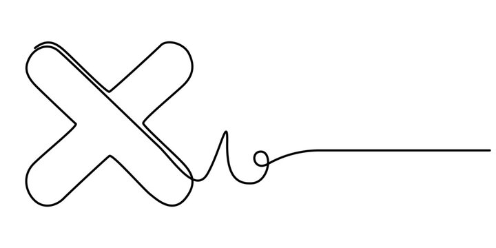 Continuous one line drawing cross Mark. Line Art cross Mark Symbol, One line cross icon vector, Continuous line. Vector illustration. 