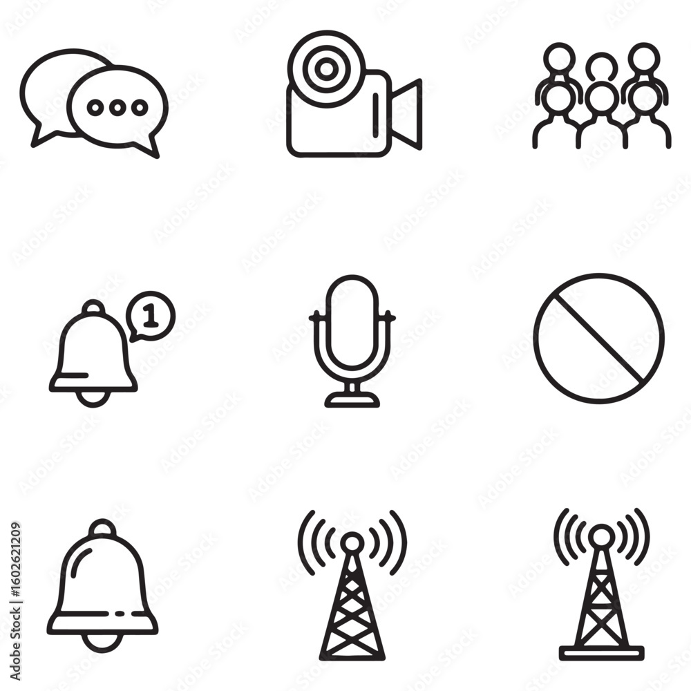 Poster collection of communication and technology icons in a minimalist line art style