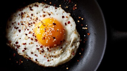 Close-up of a perfectly fried egg, seasoned with chili flakes and sea salt, sizzling in a black skillet.