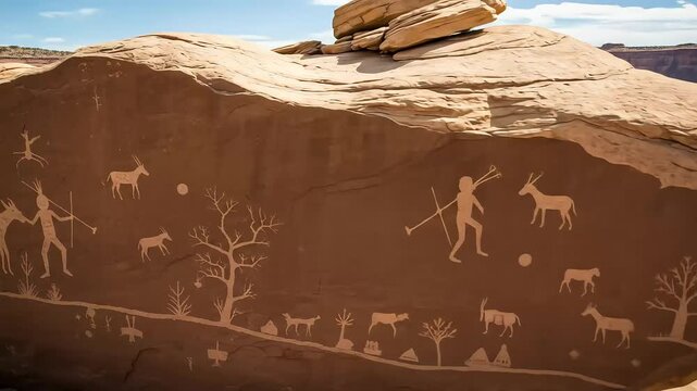 Brown Stone Surface Showing Ancient Petroglyphs of Deer Humans and Animals in Arizona Landscape