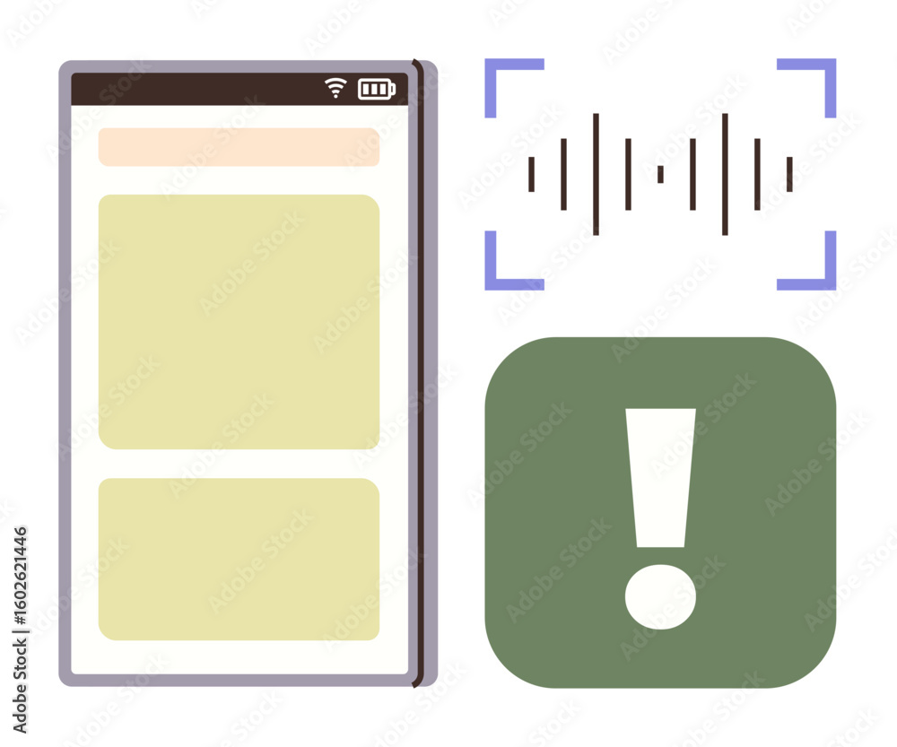 Poster smartphone screen with app layout next to sound wave scanner and alert icon. ideal for communication