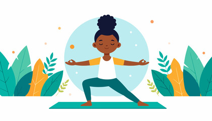 Serene young Black woman with a top bun hairstyle in a peaceful Warrior II yoga pose.