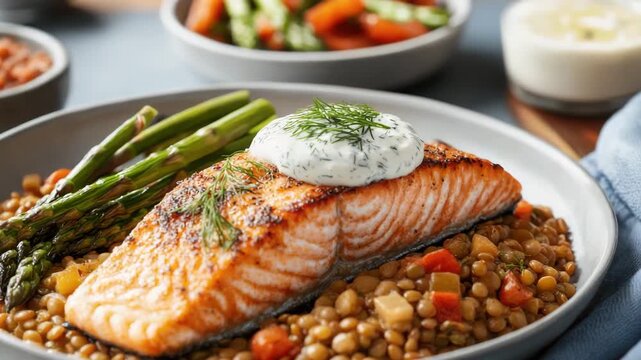 Grilled salmon fillet on bed of lentils with roasted asparagus and creamy herb sauce creating healthy meal with vibrant colors fresh ingredients and diced vegetables topped with fresh dill