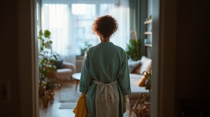 Rear view of a woman standing in a sunlit, cozy living room, surrounded by plants, holding cleaning supplies.