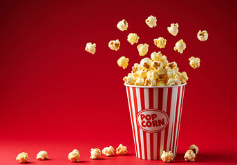 popcorn and movie tickets, bucket of popcorn, Popcorn flying out of green white striped paper box isolated on white, transparent background, PNG, with copy space. Splash, levitation of popcorn grains