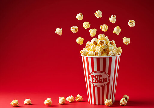 popcorn and movie tickets, bucket of popcorn, Popcorn flying out of green white striped paper box isolated on white, transparent background, PNG, with copy space. Splash, levitation of popcorn grains