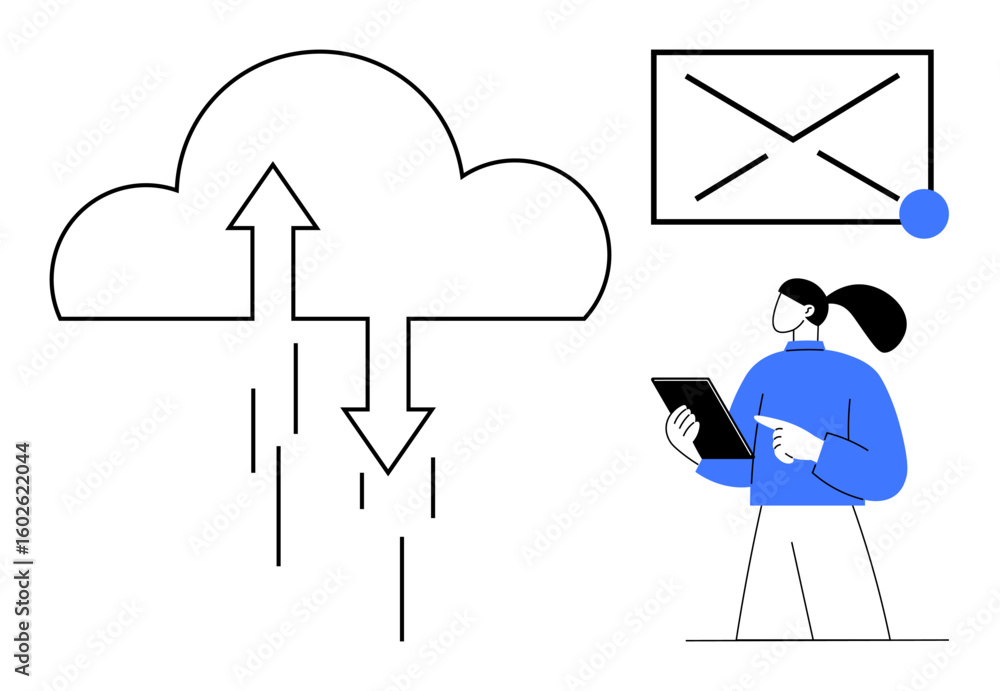 Poster cloud with up and down arrows, email notification icon, and a woman using a tablet. ideal for techno