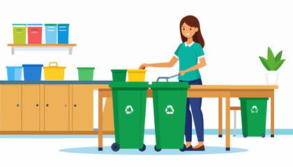 A smiling woman in a flat vector style sorting waste into green recycling bins and colorful containers.