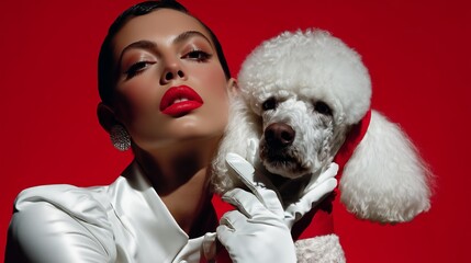 A glamorous woman in white with bold red lips poses elegantly with a fluffy poodle against a striking red backdrop.