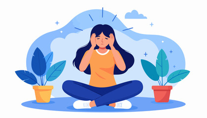A stressed young woman with long dark hair, sitting cross-legged and holding her head, experiencing anxiety and a headache.