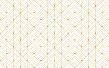 Elegant art deco seamless pattern featuring a subtle golden geometric design with linear and dot accents on a light background. Perfect for refined and classic themes. Vector illustration.