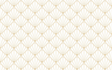 Elegant art deco seamless pattern with golden fan motifs on a white background, perfect for luxury designs. Vector illustration.
