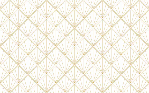Elegant art deco seamless pattern with golden fan motifs on a white background, perfect for luxury designs. Vector illustration.
