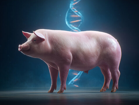 Pink pig standing in front of DNA helix with blue background, genetics concept, animal science.
