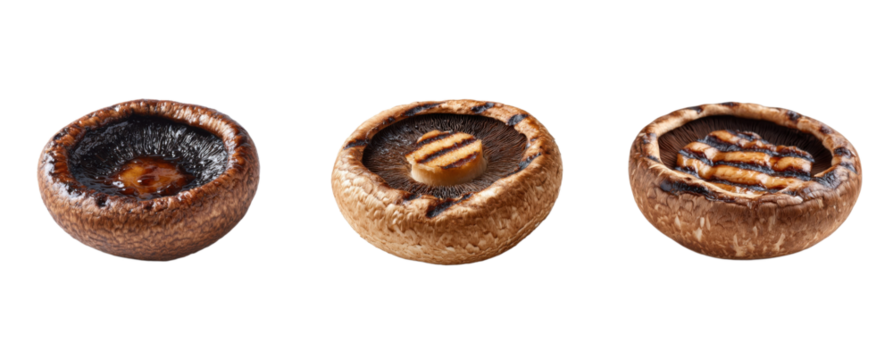 Portobello mushrooms grilled three ways. Food, cuisine, cooking, grilling, vegetarian, vegan, healthy, delicious, tasty, fresh, gourmet, prepared, cooked.