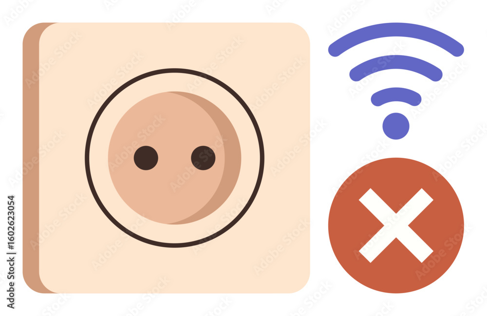 Poster power outlet alongside wireless signal and no connection icon symbolizing power failure or lack of n