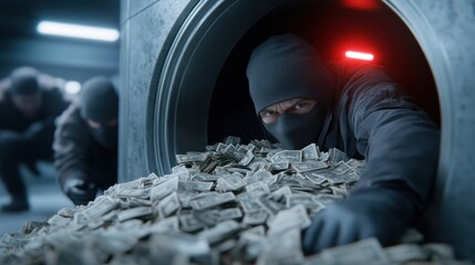 Male robbers in dark clothing stealing money from large bank safe at night