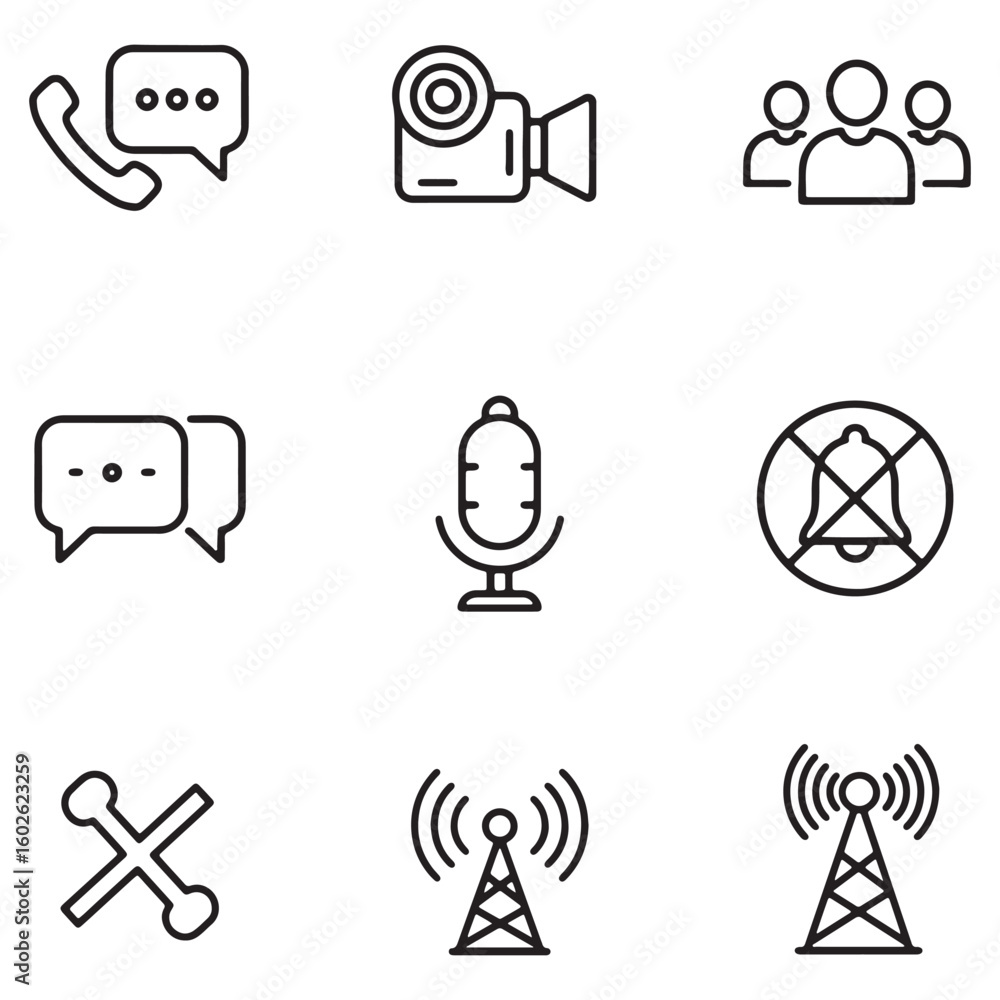 Poster collection of minimalist black line icons representing communication and digital technology elements